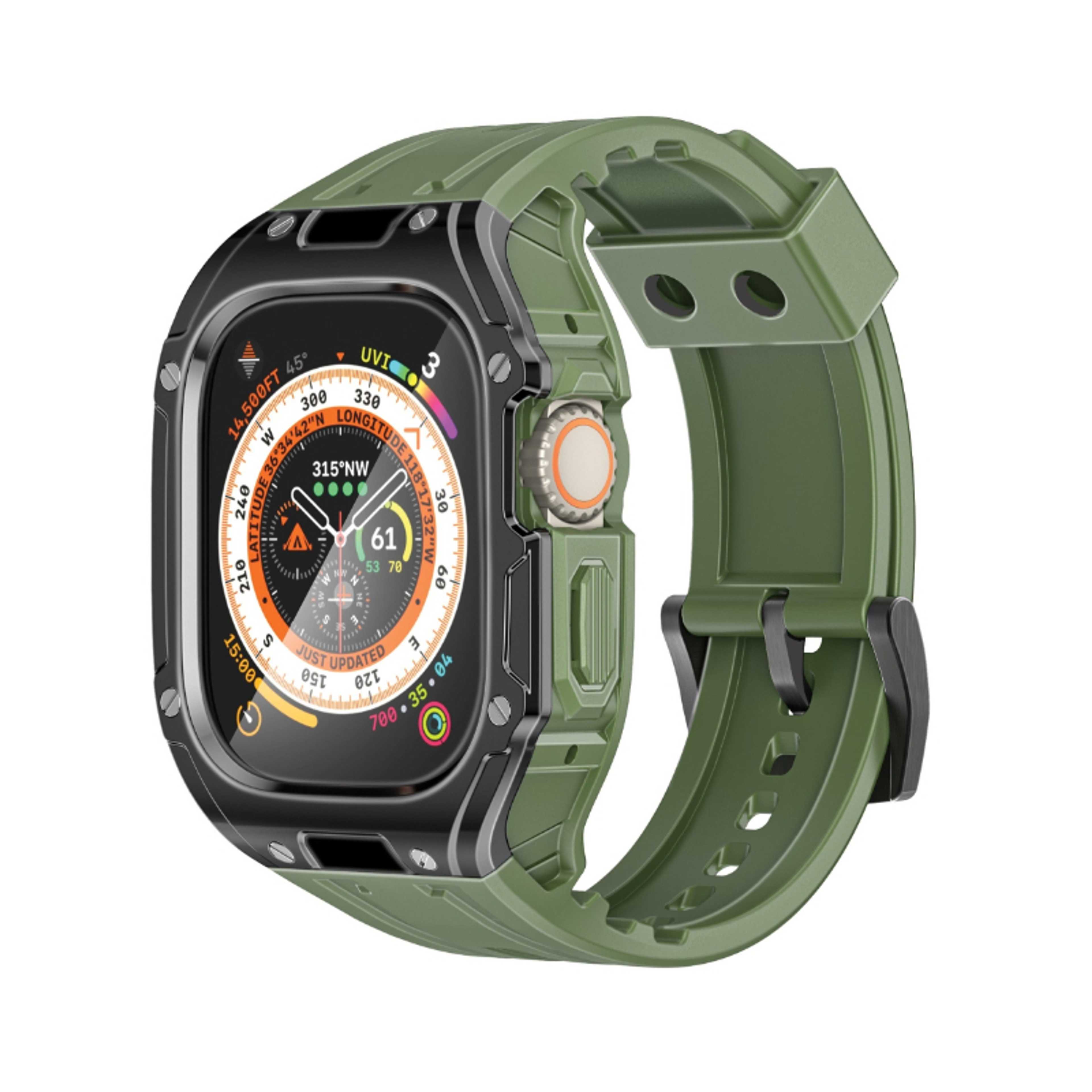 Protective Apple Watch Case and Band with Secure Stainless-Steel Buckle, Lightweight Design, Bold Aesthetic Appeal, Scratch-Resistant TPU, Ergonomic Adjustable Fit, Shock-Resistant Materials, Sweat-Resistant Build,  for Apple Watch Ultra 1&4 Green, MNG - Product Main Image
