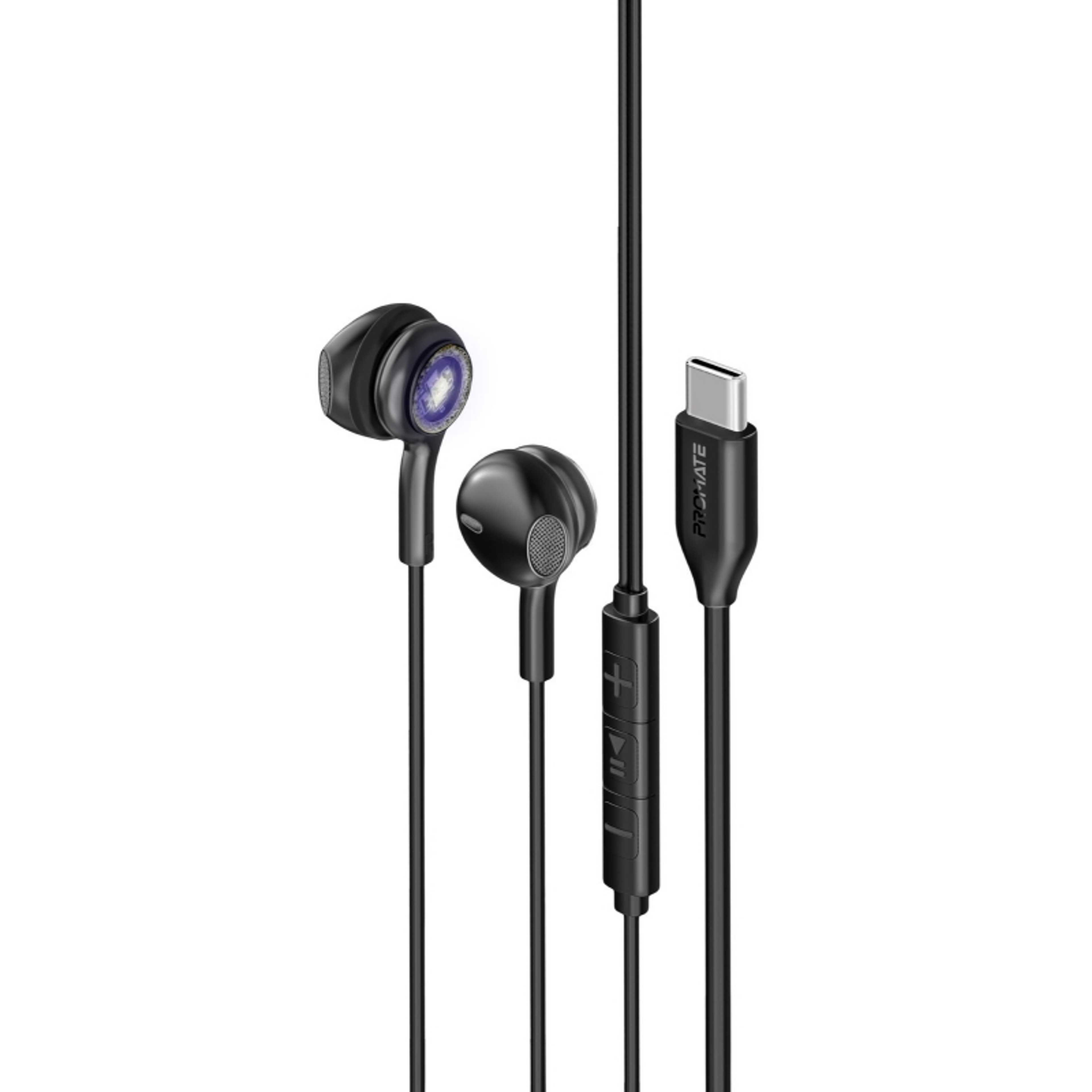 USB-C Earphones, High Fidelity Transparent Wired In-Ear Headphones with Built-In Microphone, 3 RGB Modes, Calling Function and In-Line Button Controls Black - Product Main Image