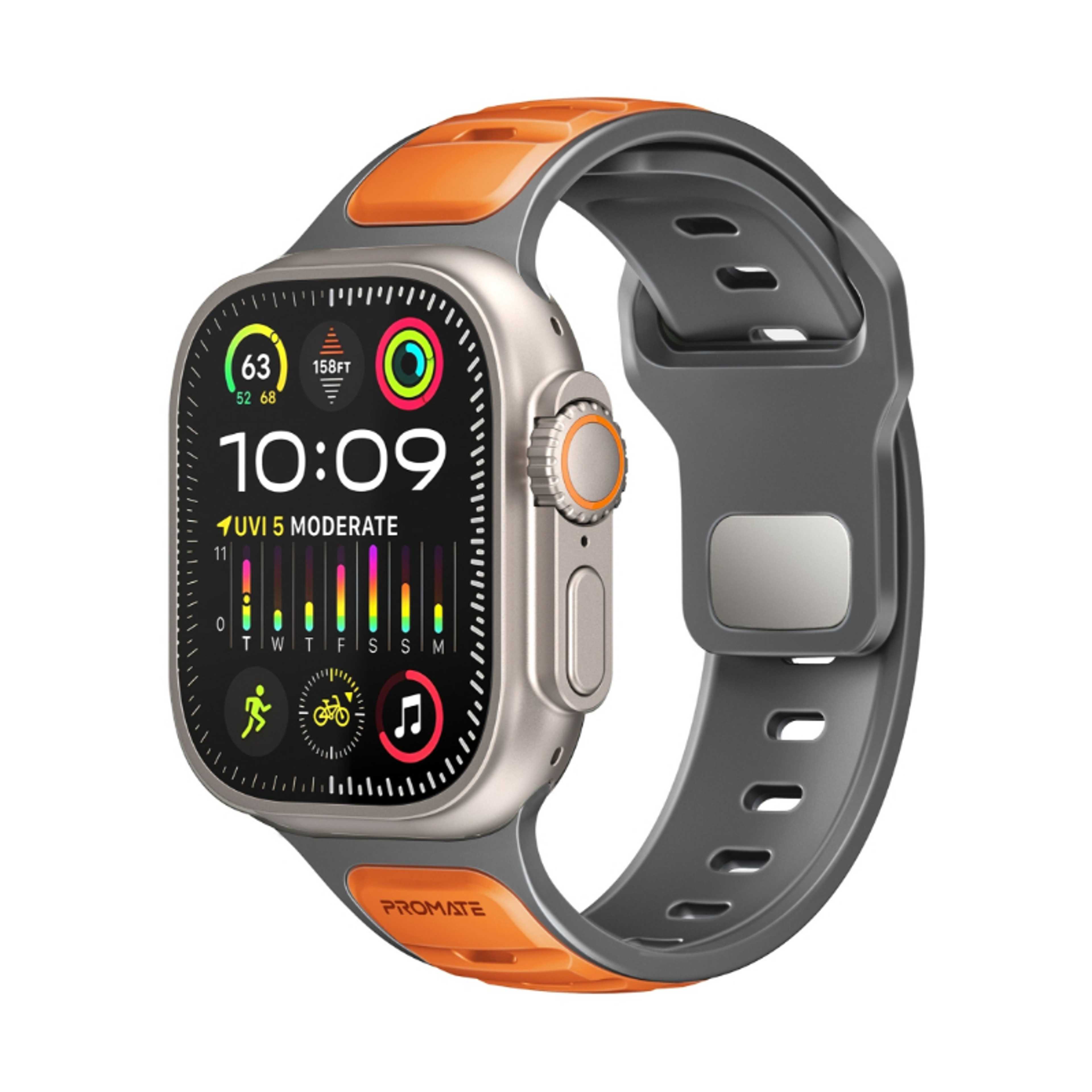 Promate Dual-Colour Apple Watch Band with Dust-Proof UV Treated Surface, Rust-Resistant Stainless-Steel Buckle, Durable Silicone Construction, All Sizes Compatibility, SiliBand-DC Orange - Product Main Image